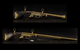 Brass & Wood Wall Hanging Guns, Flintlock Rifle and Blunderbuss. 42 & 29 Inches In length.