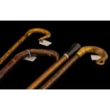 Four Antique Walking Sticks, two shaped horn shepherd's croofs with carved tips,