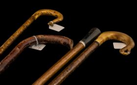 Four Antique Walking Sticks, two shaped horn shepherd's croofs with carved tips,