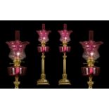 Pair of Reproduction Victorian Style Ruby Red Oil Lamps with Ruby Font and Matching Shade and