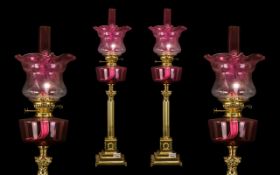 Pair of Reproduction Victorian Style Ruby Red Oil Lamps with Ruby Font and Matching Shade and