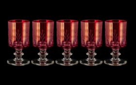 Victorian Period 1837 - 1901 Fine Set of ( 5 ) Ruby and Clear Glass Drinking Vessels with Etched