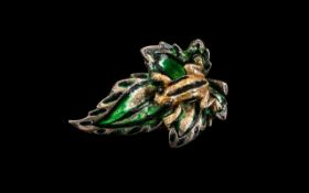 Enamel Silver Frog Brooch, Frog Sitting on Leaf, Nice Detail. Please See Photo.