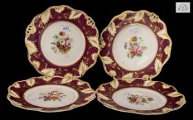 Set of Four Davenport Floral Decorated Dessert Plates with gilt work to a broad shaped red border.