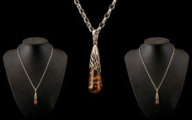 Silver Belcher Chain with Amber Drop. Belcher Chain with Pear Shaped Amber Drop.