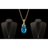 14ct Gold Attractive and Nice Quality Aquamarine and Diamond Set Pendant Drop,