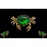 Attractive 9ct Gold Brooch - In the Form of a Large Crab Set with a Large Oval Shaped Stone to
