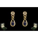 Ladies 9ct Gold Attractive Sapphire and Diamond Set Pair of Drop Earrings. Marked 9ct.