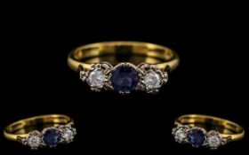 18ct Gold - Attractive 3 Stone Diamond and Sapphire Set Ring. Fully Hallmarked 18 .750. Ring Size M.