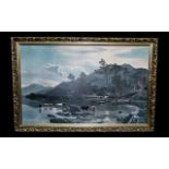 Large Print of Cattle Drinking at a Water's Edge with a mountainous background,