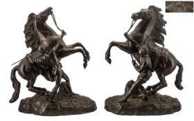 Pair of French Antique Bronze Marly Horse Groups, after Coustou,
