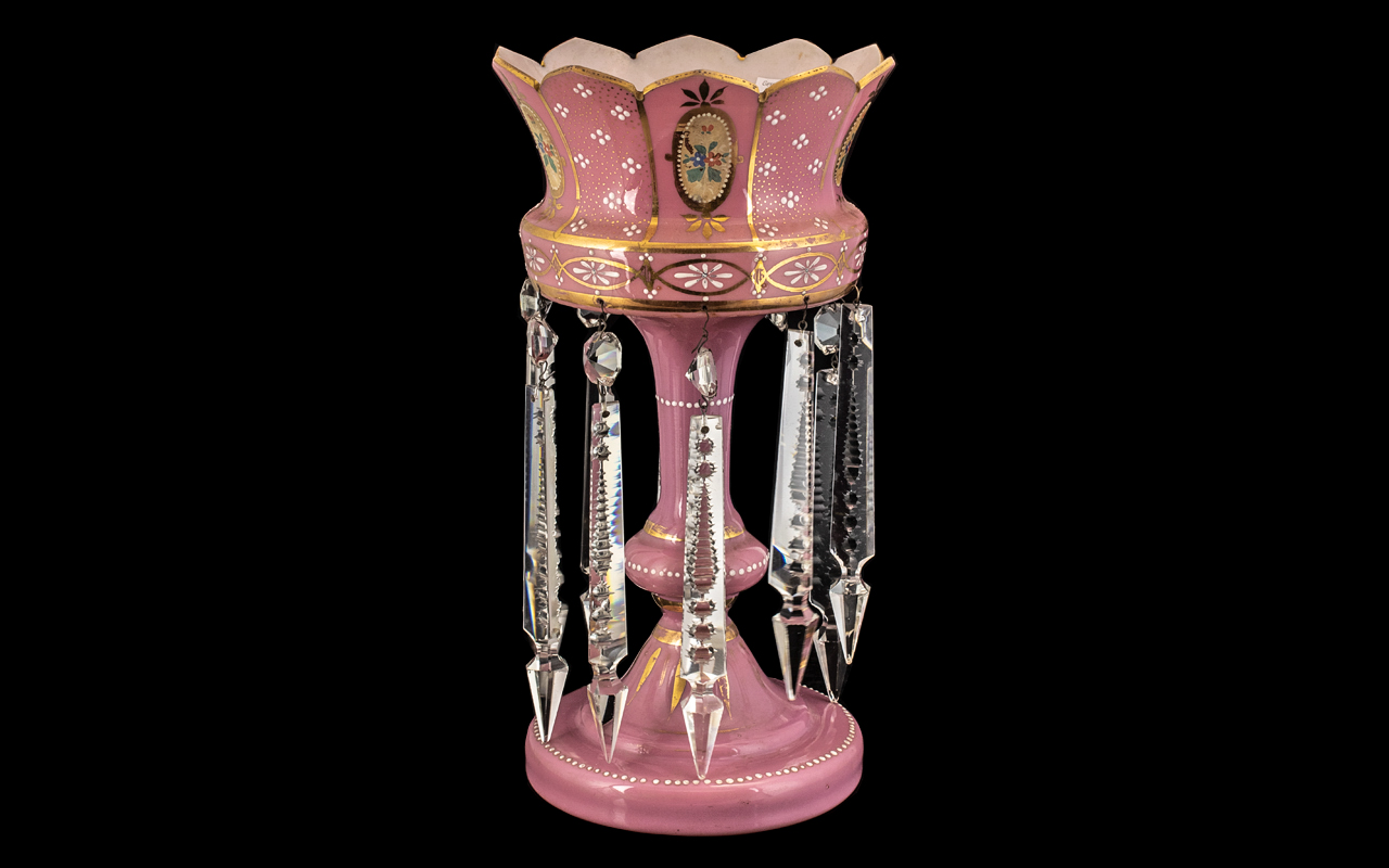 Victorian Period Nice Quality Hand Decorated Glass Lustre. c.1880's. Of Pink Colour-way, Embellished