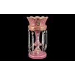 Victorian Period Nice Quality Hand Decorated Glass Lustre. c.1880's. Of Pink Colour-way, Embellished