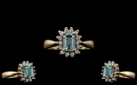 Ladies - 9ct Gold Attractive Aquamarine and Diamond Set Cluster Ring.