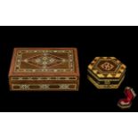 Two Tunbridge Ware Style Boxes, comprising a six-sided trinket box, slight marks inside material,