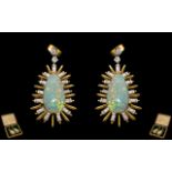 A Superb Pair of Star-burst Design 18ct Gold Opal and Diamond Set Pair of Earrings of Large and