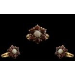 Ladies 9ct Gold Garnet and Opal Set Cluster Ring - Flower head Setting.