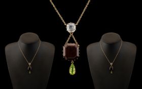 Victorian Period - Attractive 9ct Gold Multi Colour Gem Set Necklace with Integral 3 Stone Pendant