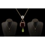 Victorian Period - Attractive 9ct Gold Multi Colour Gem Set Necklace with Integral 3 Stone Pendant