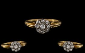 Antique Period 18ct Gold - Attractive Diamond Set Cluster Ring, Flower head Setting.