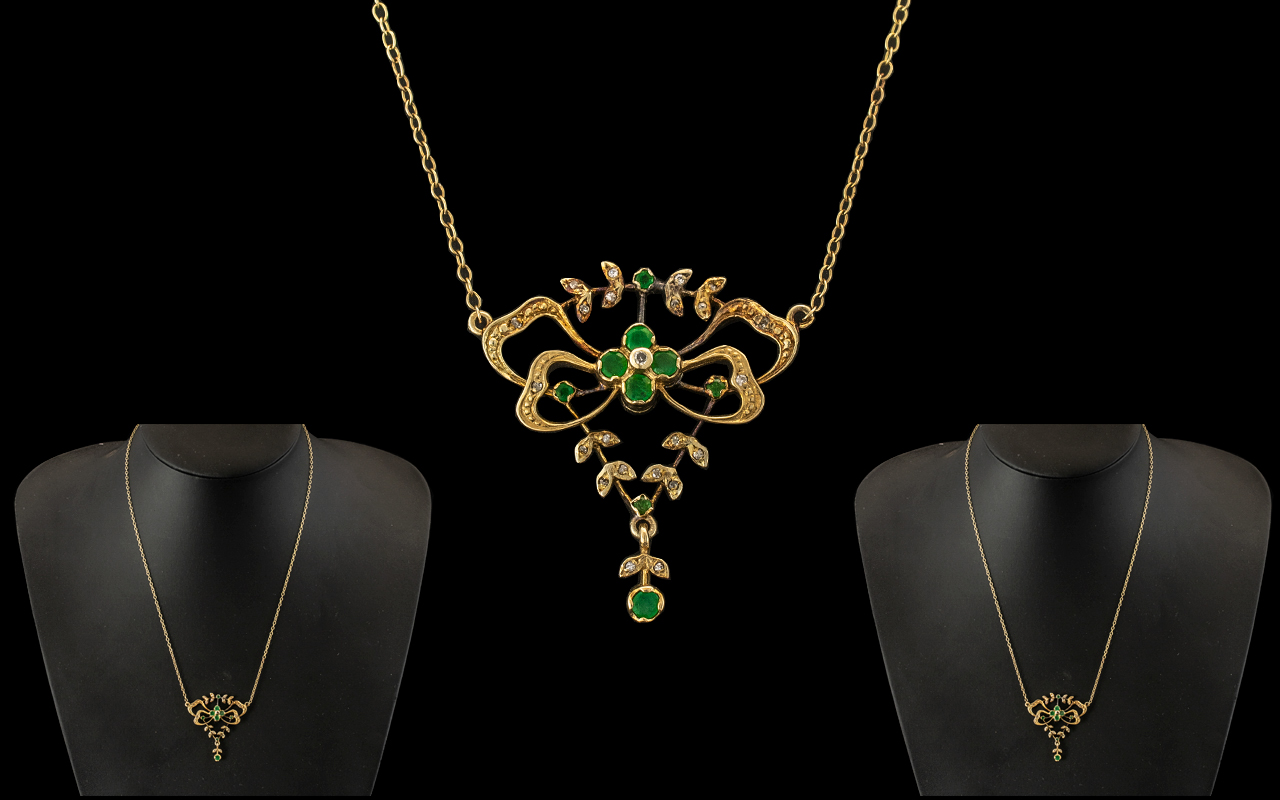 Antique Period Style Ladies 9ct Gold Emerald and Diamond Set Pendant and Integral Chain.