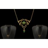 Antique Period Style Ladies 9ct Gold Emerald and Diamond Set Pendant and Integral Chain.