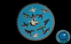 Unusual Antique Meiji Period Cloisonne Enamel Charger, Depicting Birds In Flight,