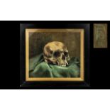 Unusual Antique Oil on Board Memento Mori Painting, still life of human skull,