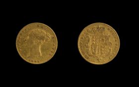 Queen Victoria 22ct Gold - Young Head Shield Back Half Sovereign - Date 1842.