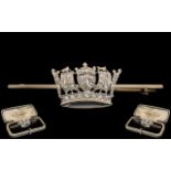 Antique Period - Superb 9ct White Gold and Platinum Diamond Set Coronet Brooch, In Original Box.