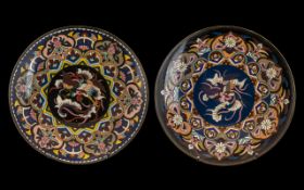 Pair of Small Meiji Period Cloisonne Enamel Dishes, Decorated to the Center with Phoenix Type Birds,