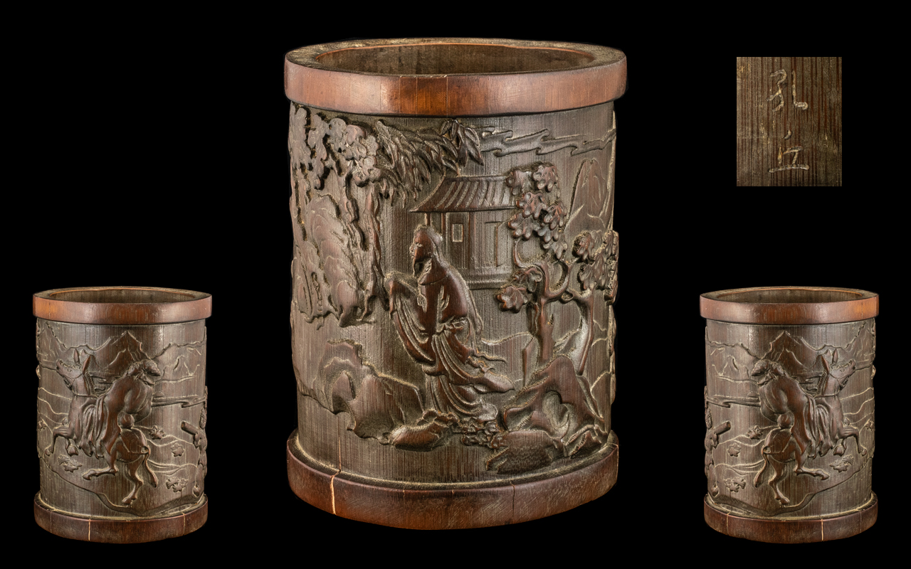 Chinese Antique Bamboo Scholars Brush Pot, Finely Carved to the Body with a Man Riding a Mounted