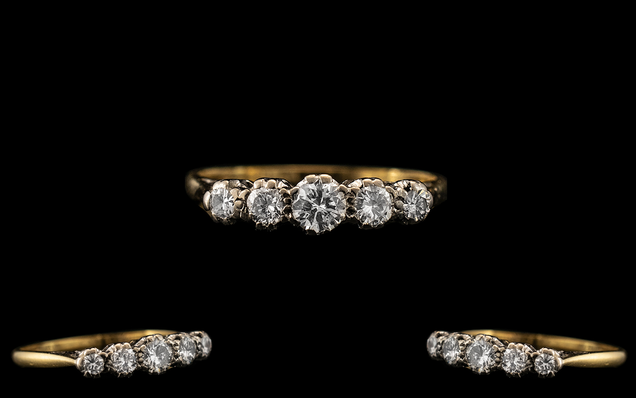 18ct Gold and Platinum Attractive 5 Stone Diamond Set Ring - Gallery Setting. c.1920.