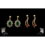 Ladies - ( 2 ) Pairs of 9ct Gold Stone Set Earrings, One Pair Set with Emerald and Diamonds.