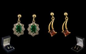 Ladies - ( 2 ) Pairs of 9ct Gold Stone Set Earrings, One Pair Set with Emerald and Diamonds.