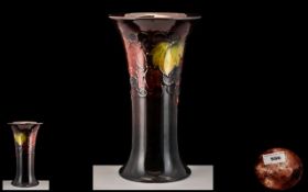 Large Moorcroft Flambe Trumpet Shaped Vase, Leaf and Berry Pattern. Stamped Moorcroft and with