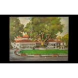 Indian Colonial Oil Painting on Canvas depicting an elegant bungalow set in a formal European style