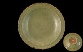 Chinese Antique Ming Period Celadon Glazed Shallow Lotus Shaped Bowl,