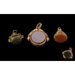 Antique Period Fine Trio of 9ct and 10ct Gold Stone Set Swivel Fobs ( 3 ) In Total.