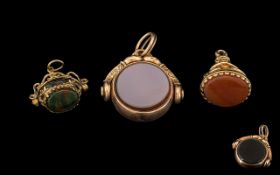 Antique Period Fine Trio of 9ct and 10ct Gold Stone Set Swivel Fobs ( 3 ) In Total.