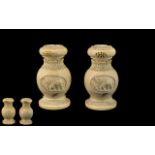Antique Period Superb Quality Pair of Carved Ivory Salt and Pepper Pods of Bulbous Form,