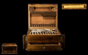 Oak Box with A Fitted Draw, Containing EPNS Plated Part Canteen of Cutlery, Case with Label - Pearce