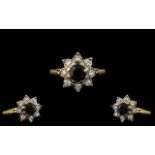 Ladies 18ct Gold Attractive Diamond and Sapphire Set Cluster Ring - Flower head Setting. Marked 18ct