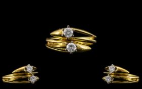 18ct Yellow Gold - Contemporary and Attractive Two Stone Diamond Set Dress Ring of Pleasing Design.