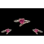 Ladies Silver & CZ Diamond Ring. 1ct CZ In a Heart Shaped Pink Colour, Nice Fashion Ring.