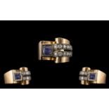 Art Deco - Designed Superb 18ct Gold Sapphire and Diamond Set Cocktail Ring - From the 1930's.