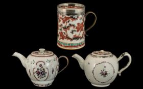 Three Antique Chinese Export Ware Items, mid 18thC, comprising a bullet shaped tea pot with a