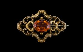 Victorian Period Large 9ct Gold Orange - Citrine Set Ornate Brooch, Excellent Faceted Citrine In