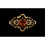 Victorian Period Large 9ct Gold Orange - Citrine Set Ornate Brooch, Excellent Faceted Citrine In