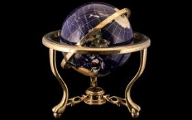 Blue Lapis Ocean Table Top Gemstone World Globe with Gold Tripod.